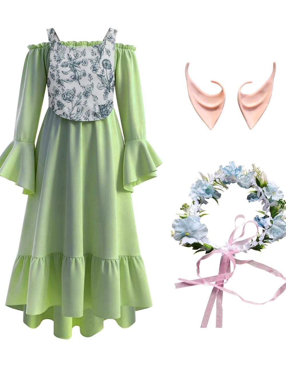 Girls Renaissance Dress with Bodice, Floral Crown, Fairy Ears, 9-10 years